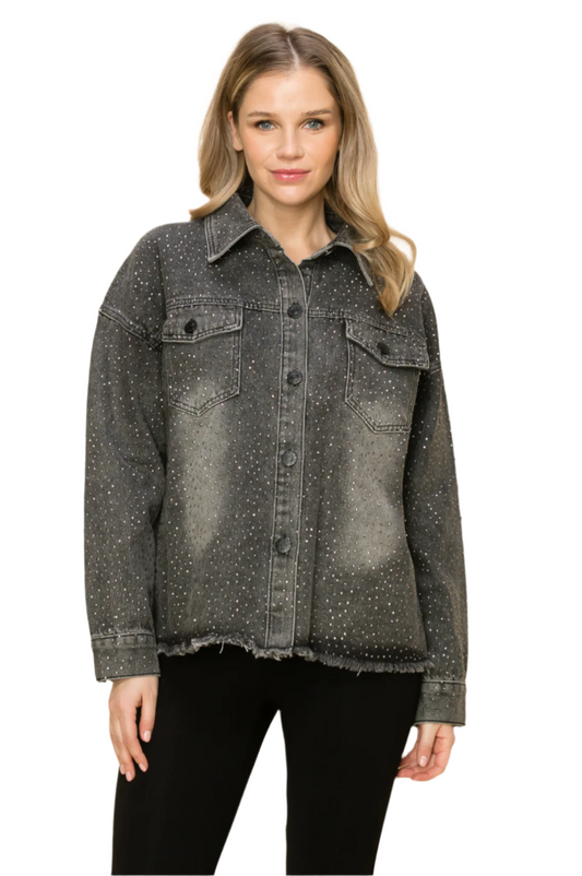 Frayed Hem Denim Knit Jacket with Rhinestones