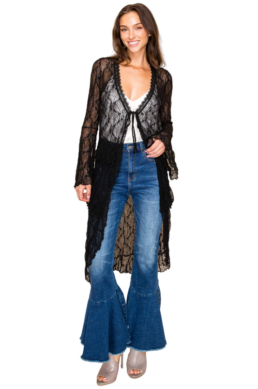 L/S Long Cardigan Trim Lace Edge