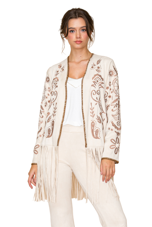 Embroidered Suede Jacket with Fringe