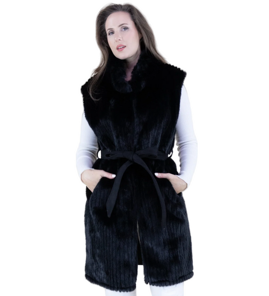Vertical Ribbed Faux Fur Belted Vest