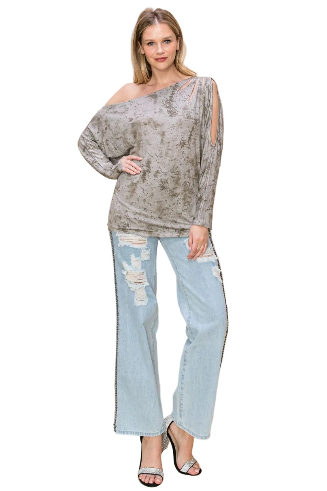 Assymetrical Open Shoulder Rhinestone Embellished Batwing Top