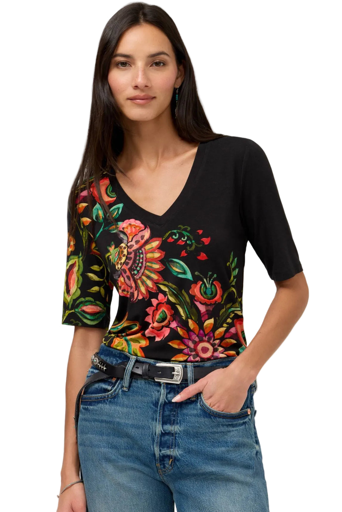 The Janie Favorite Fitted V-Neck Elbow Sleeve Tee