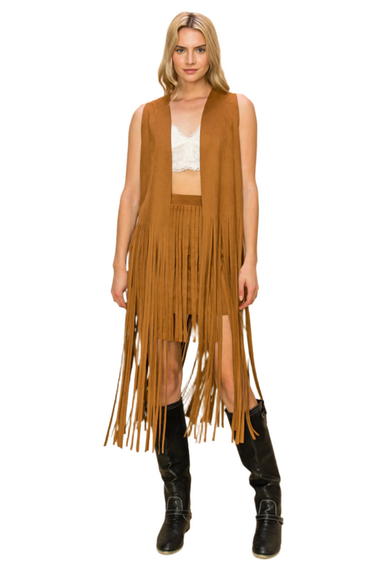 Faux Suede Long Vest with Fringe