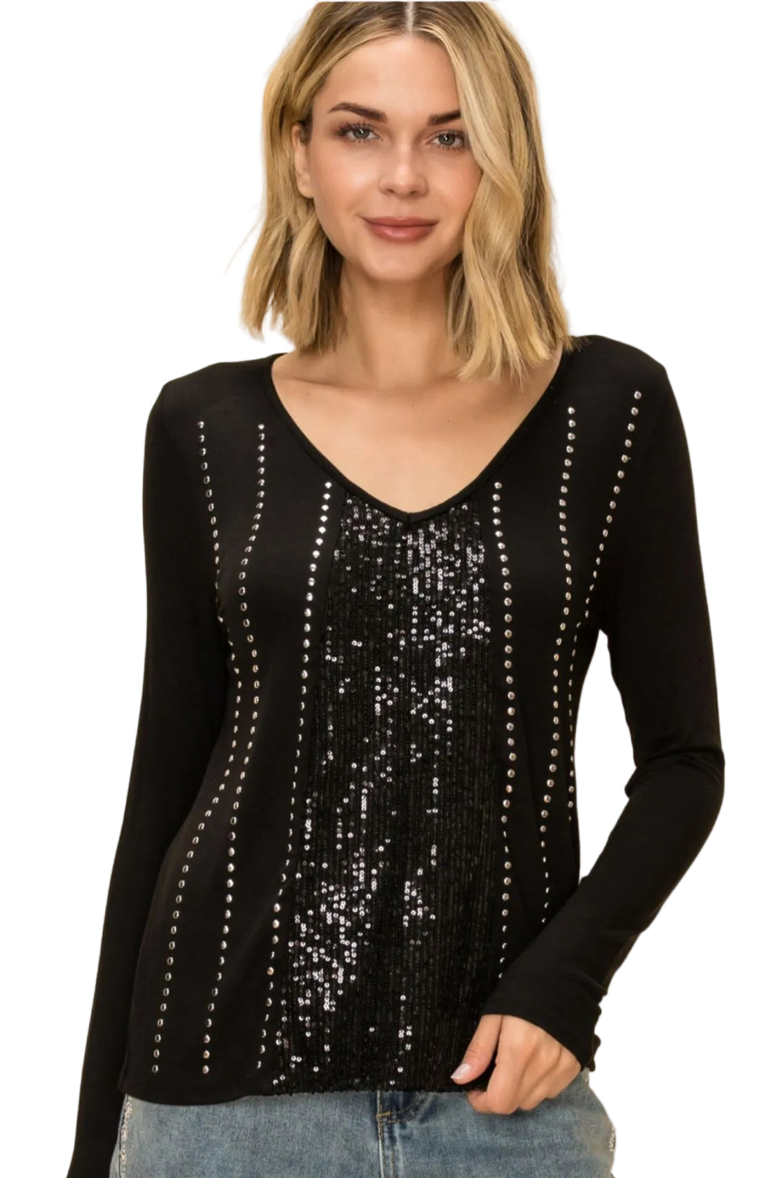 L/S Top with Center Sequins and Stones
