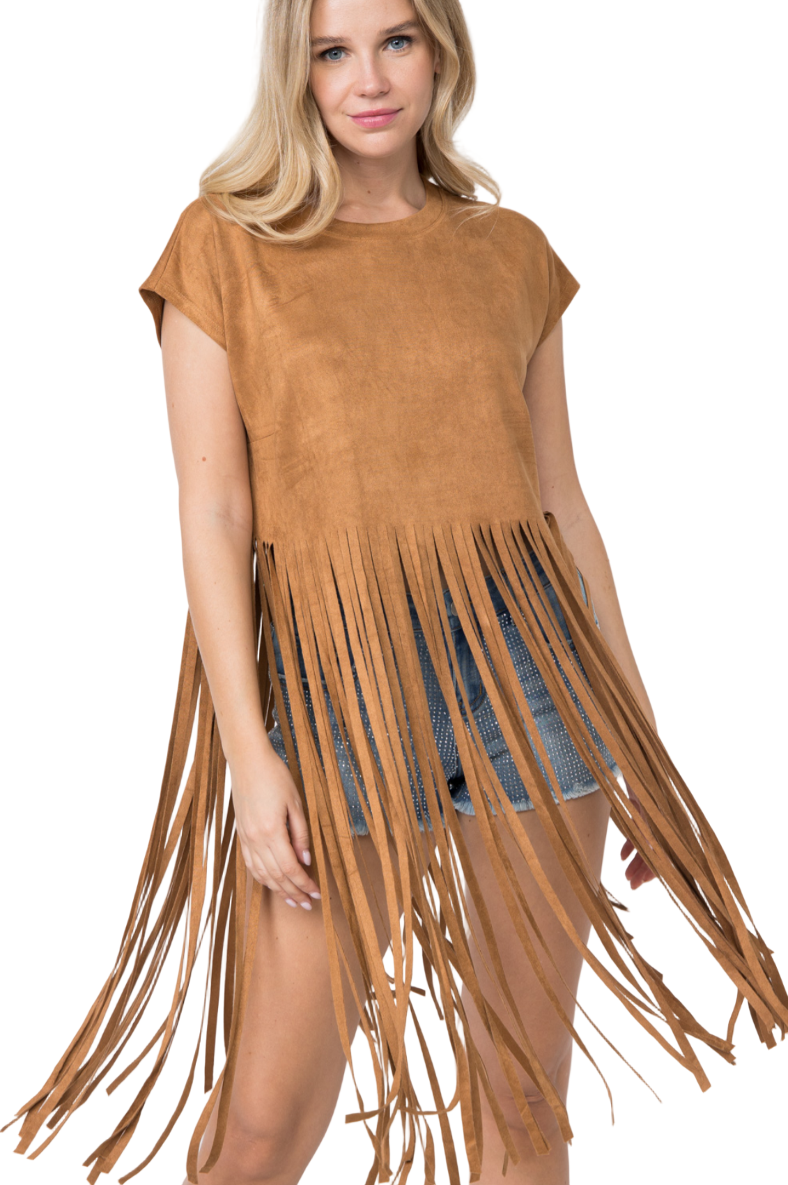 Crew Neck Long Fringe Hem Suede Top