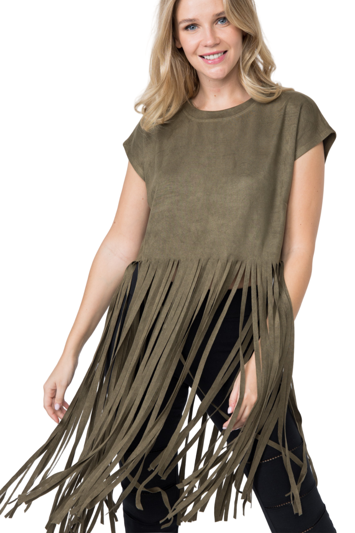 Crew Neck Long Fringe Hem Suede Top