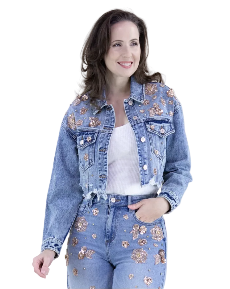 Floral Embellished Cropped Denim Jacket