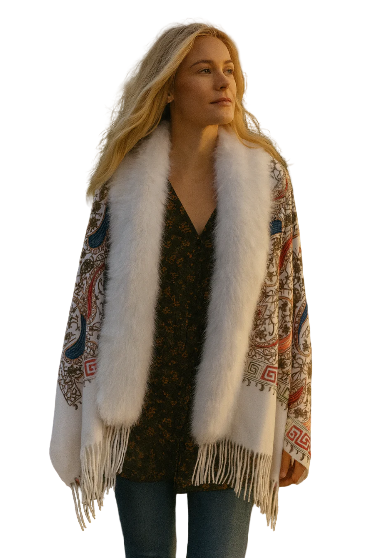 Embroidered Baroque Paisley Faux Fur Edge Scarf