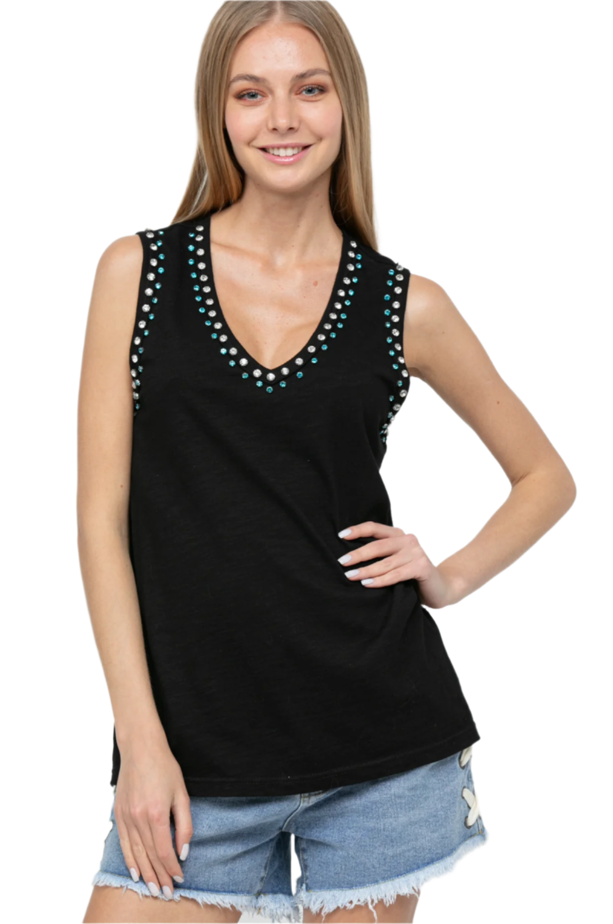 Scoop Neck Tank Top with Rhinestones