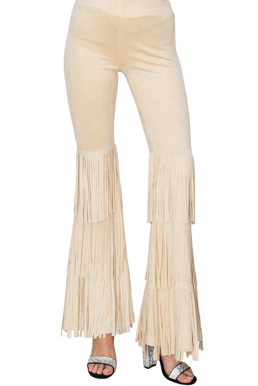 High Rise Suede Knit Bell Bottom Pants with Fringes