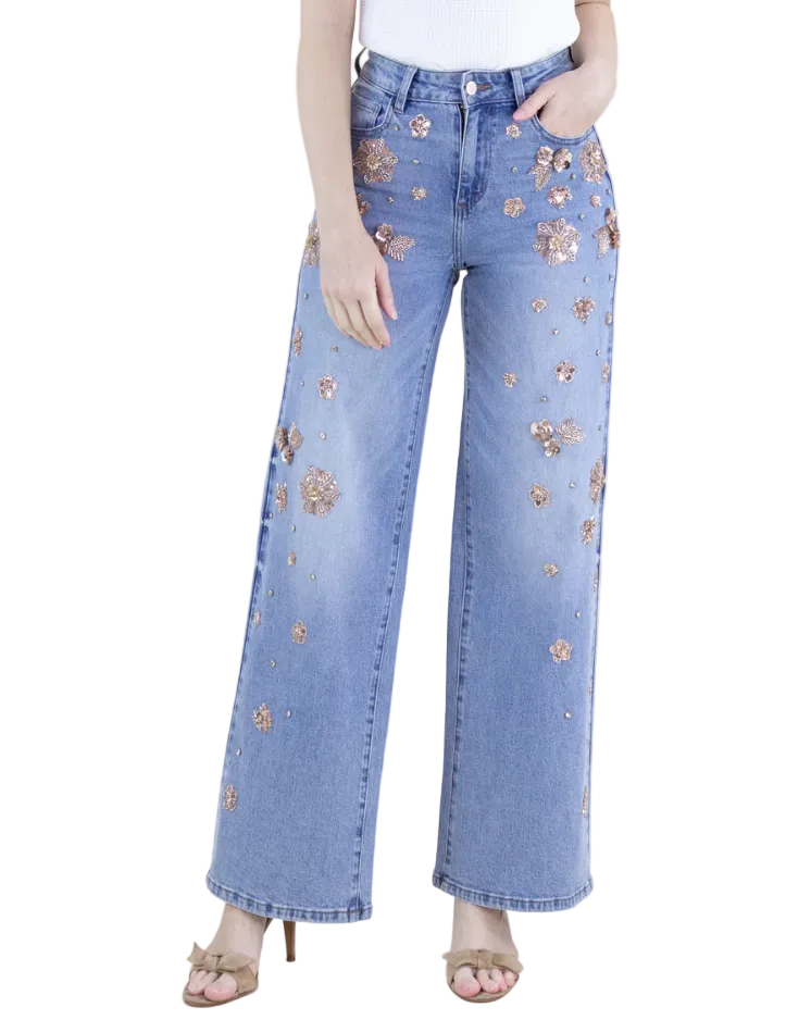 Floral Embellished High Rise Wide Leg Jeans