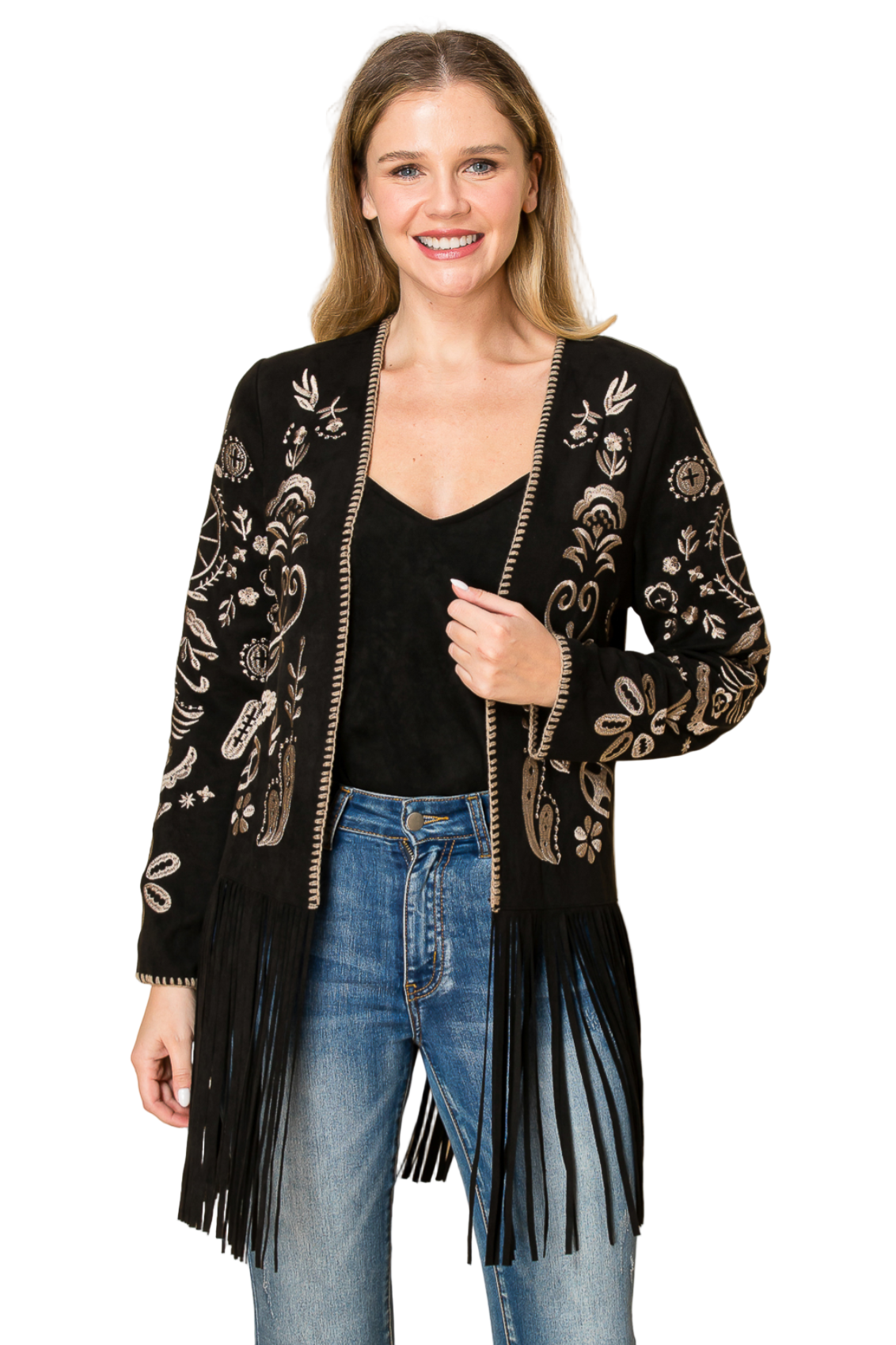 Embroidered Suede Jacket with Fringe