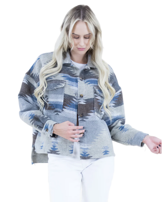 Southwestern Print Fray Trim Shacket w/Pockets