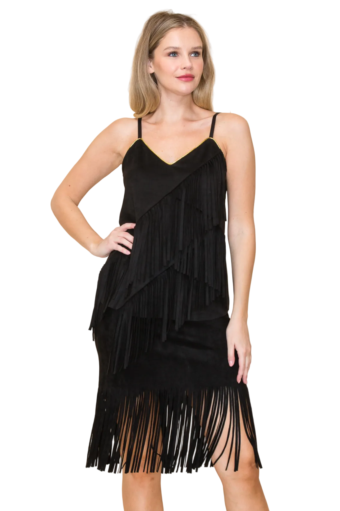 Suede Feel Gold Piping Fringe Tank Top