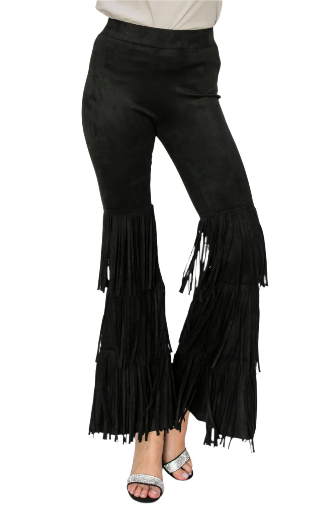 High Rise Suede Knit Bell Bottom Pants with Fringes