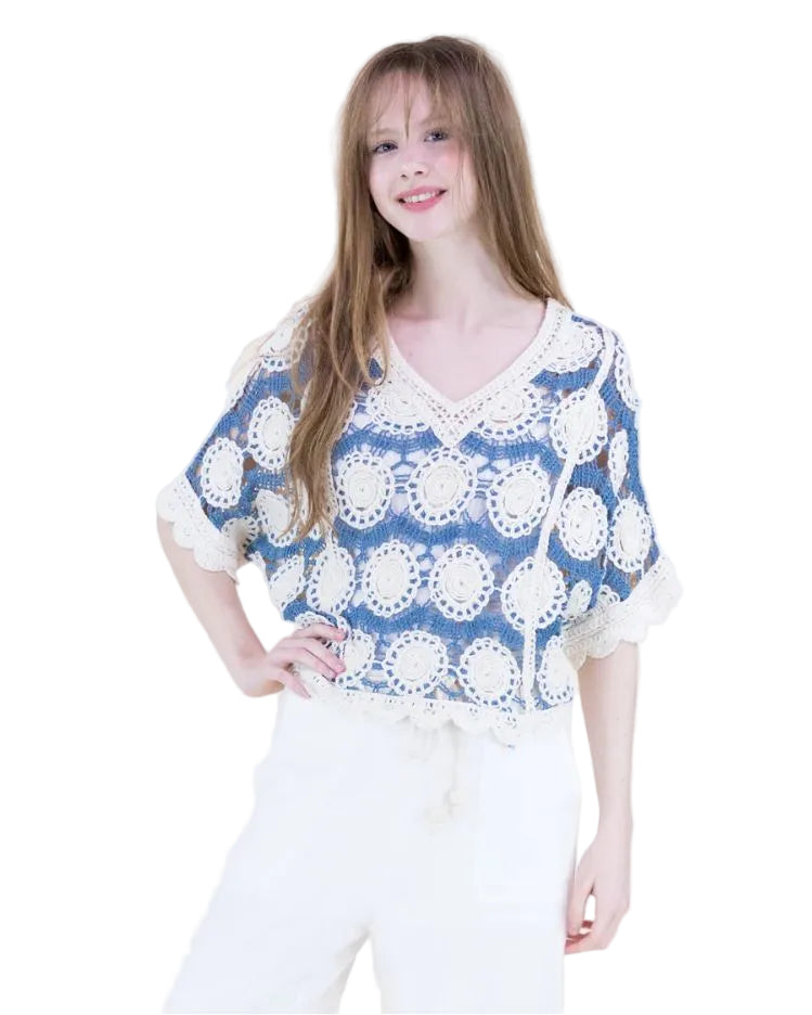 Medallion Crochet Lace Bat Wing Top