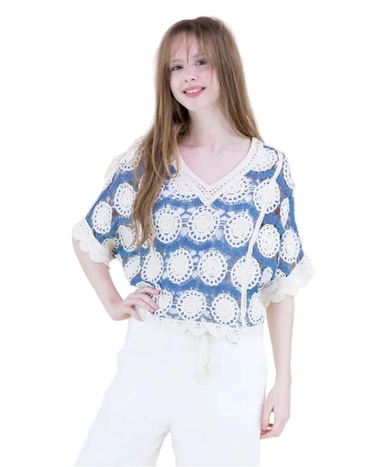 Medallion Crochet Lace Bat Wing Top