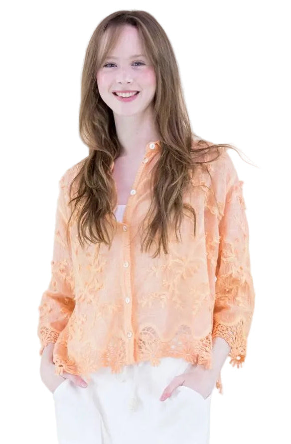 Floral Applique Lace Hem Embroidered Shirt