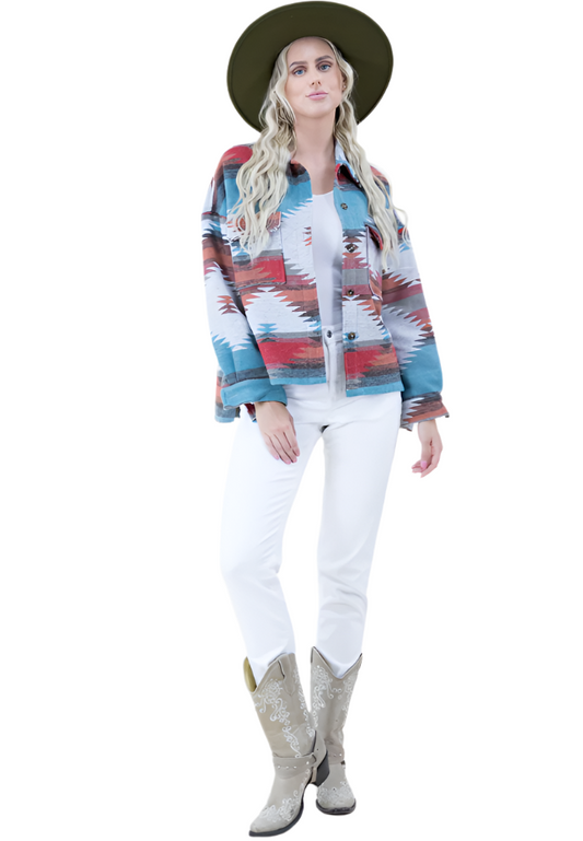 Southwestern Print Shacket With Front Pockets