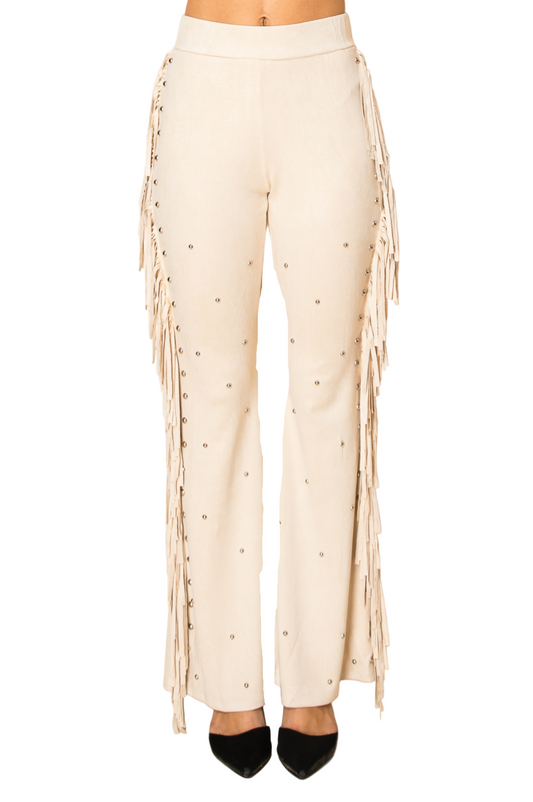 High Waist Relaxed Fit Fringed Pants