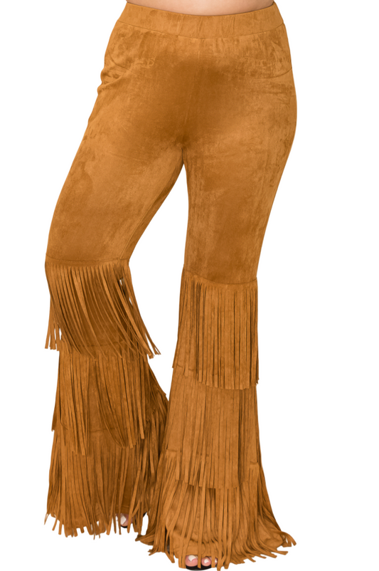 High Rise Suede Knit Bell Bottom Pants with Fringes