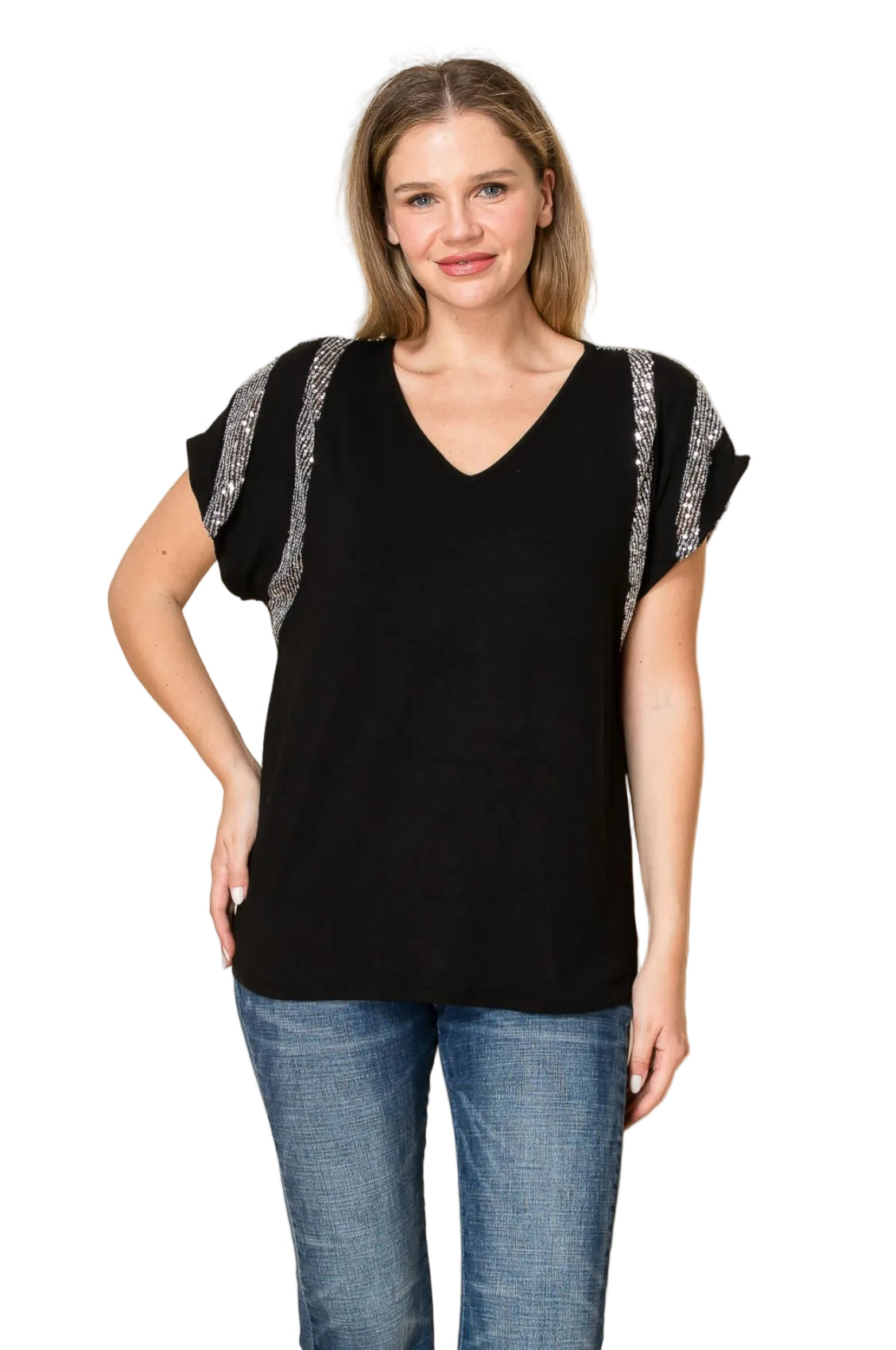 V-Neck S/S  Top with Sequins