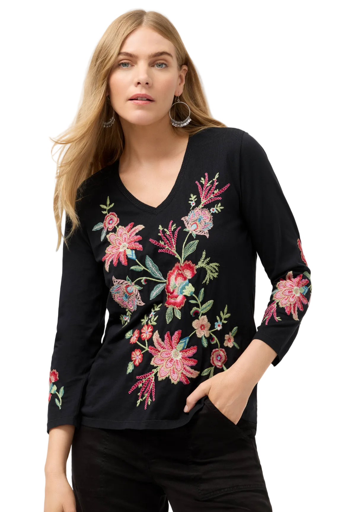 3/4 Sleeve Trapunto V-Neck Tee - Junie