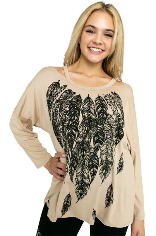 Cut Out Feather Print Long Sleeve Top with Stones