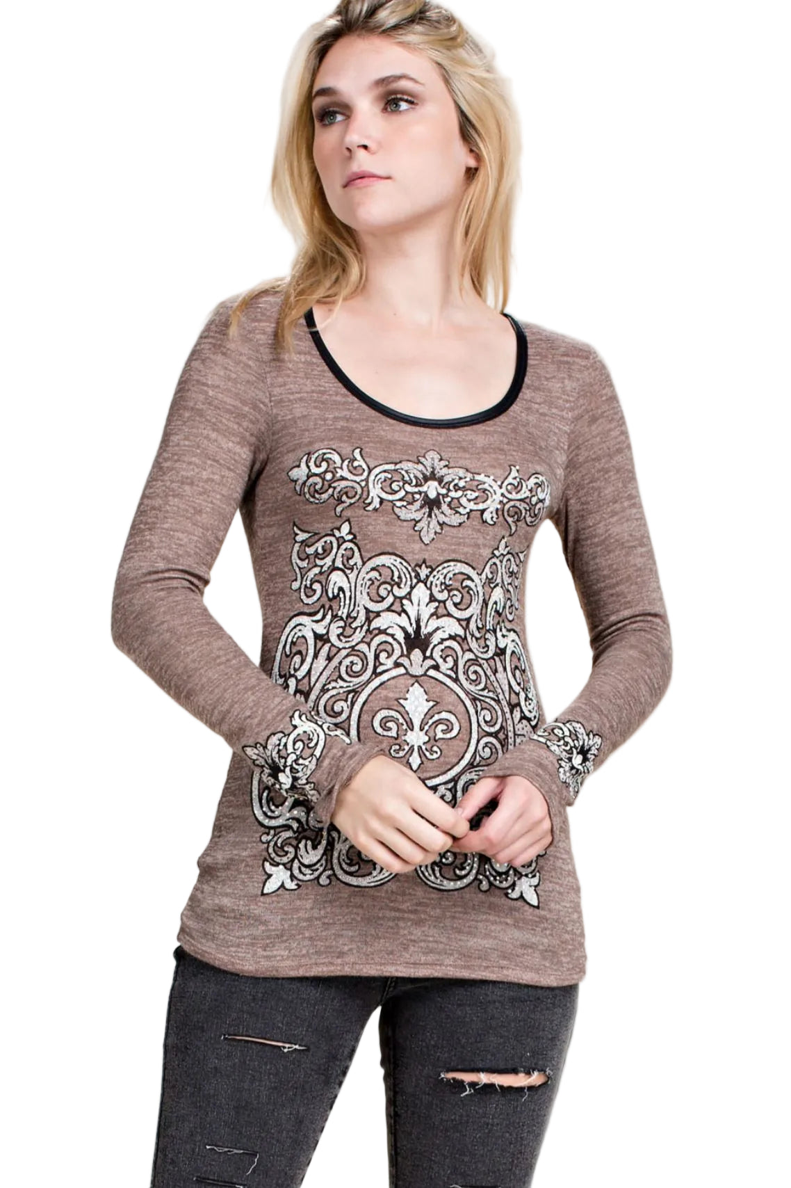 L/S Faux Leather Trim Top with Rhinestones