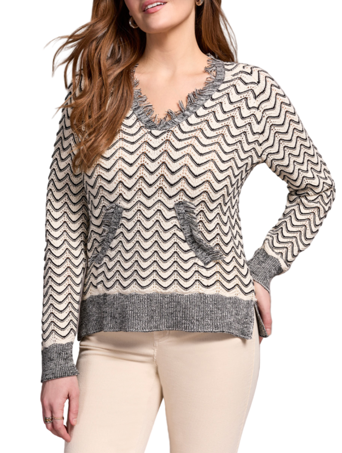 L/S Hooded Sweater with Fringe Detail