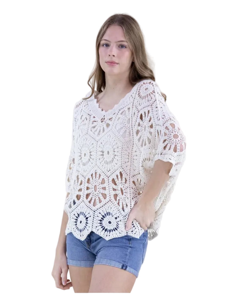 V-Neck Crochet Lace Bat Wing Top