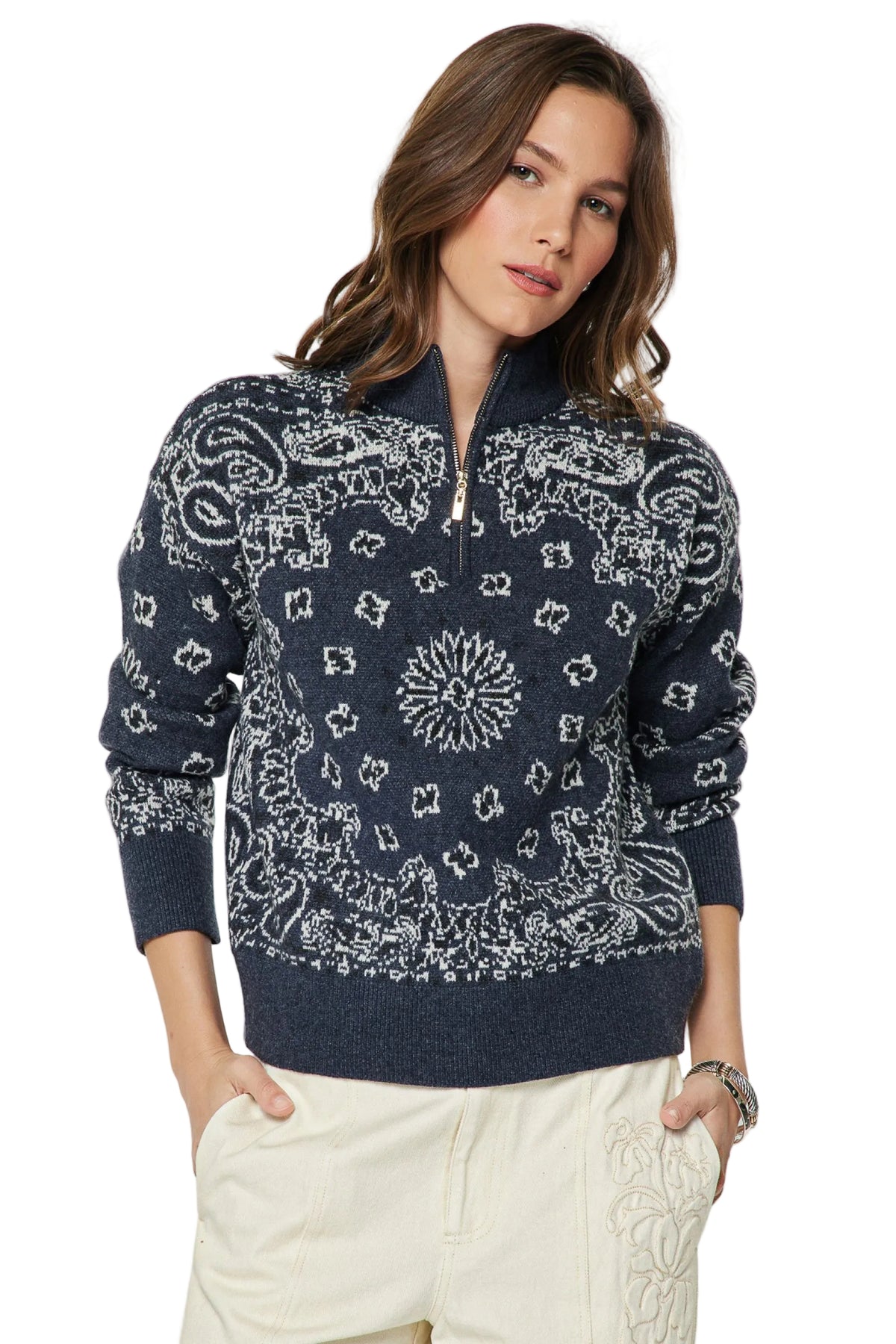 Pattern Jacquard Half Zip Sweater