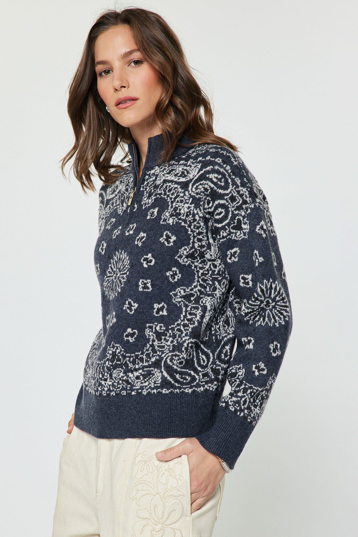 Pattern Jacquard Half Zip Sweater