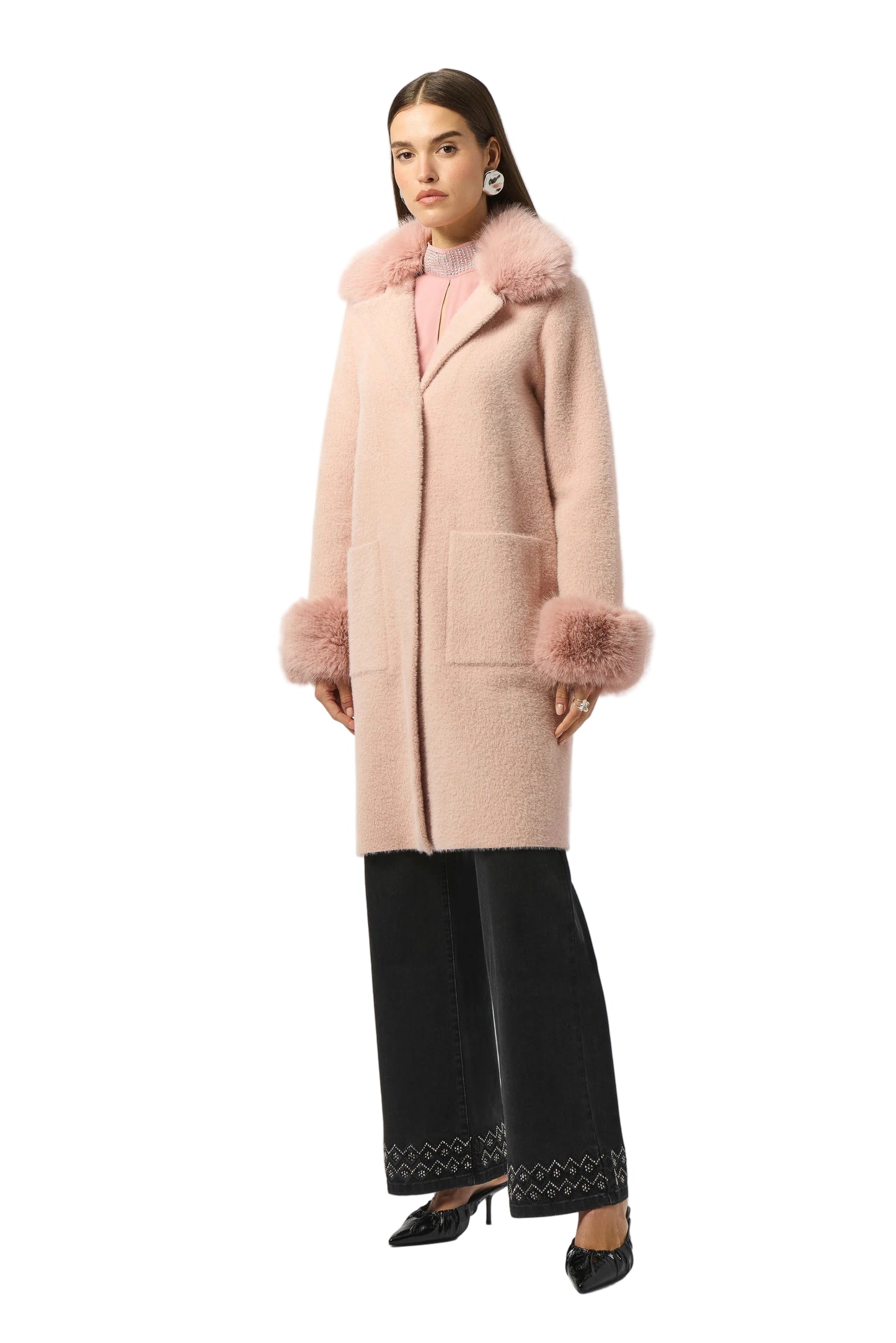 Feather Yarn and Faux Fur Sweater Coat