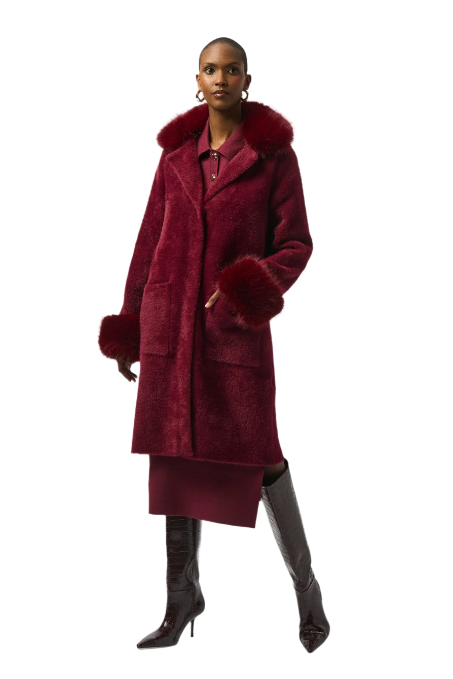 Feather Yarn and Faux Fur Sweater Coat