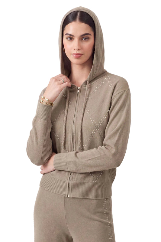 Zip Up Cropped Knit Hoodie with Rhinestone