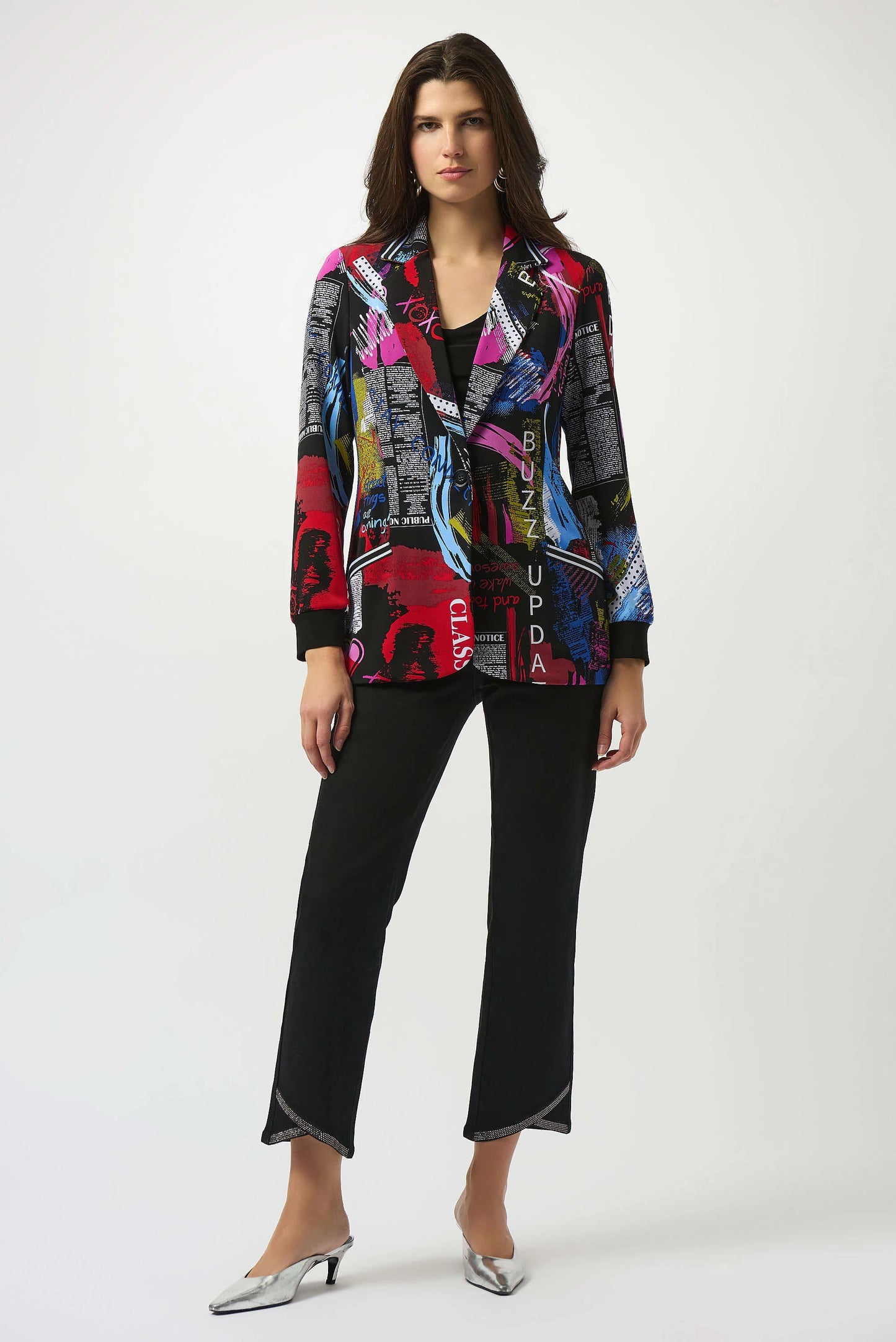 Silky Knit Word Print Straight Blazer