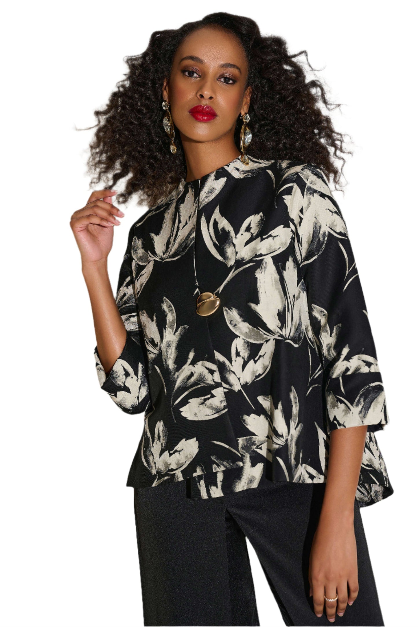 Jacquard Floral Print Swing Jacket