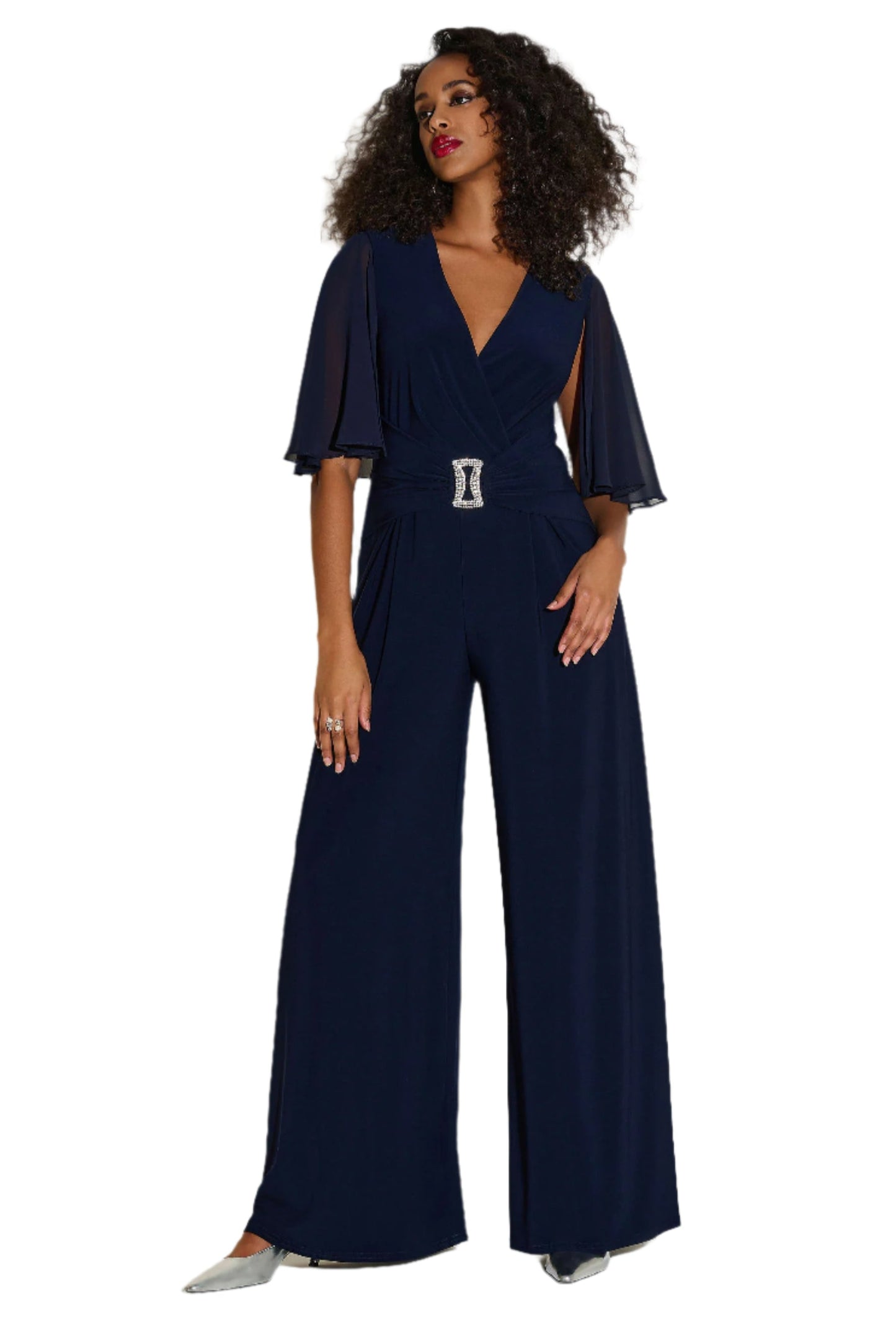 Silky Knit & Chiffon Wide Leg Jumpsuit with Cape