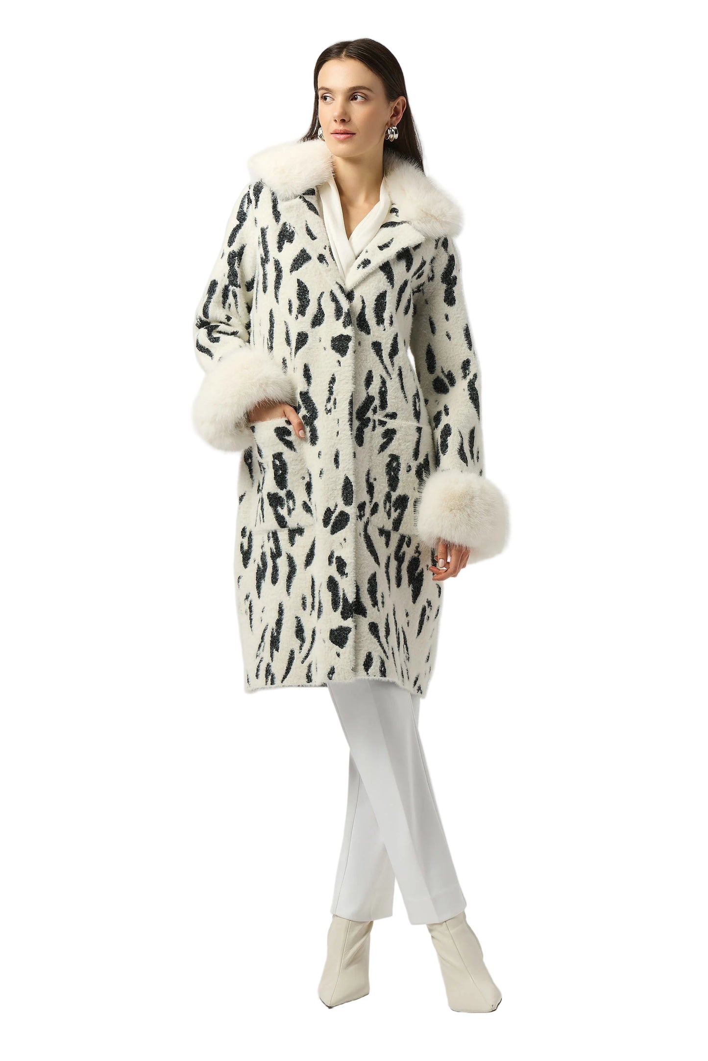 Feather Yarn Animal Jacquard Coat with Faux Fur Trim