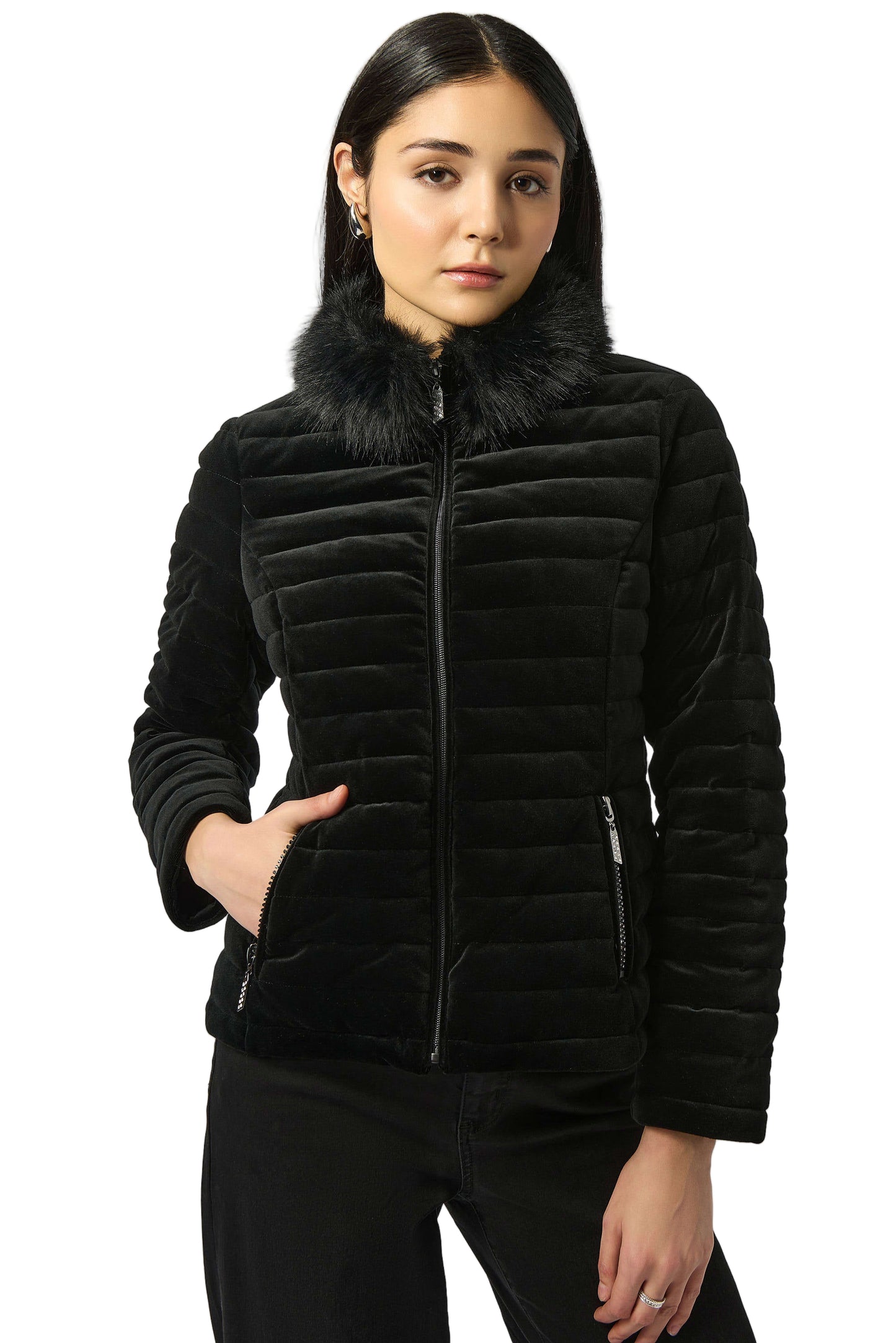 Stretch Velvet Puffer Jacket with Faux Fur Collar