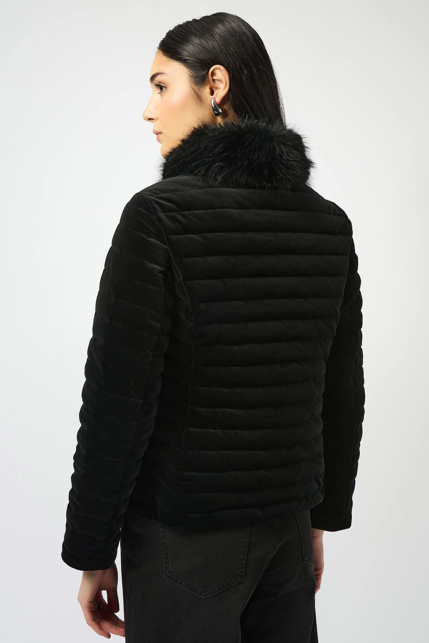 Stretch Velvet Puffer Jacket with Faux Fur Collar