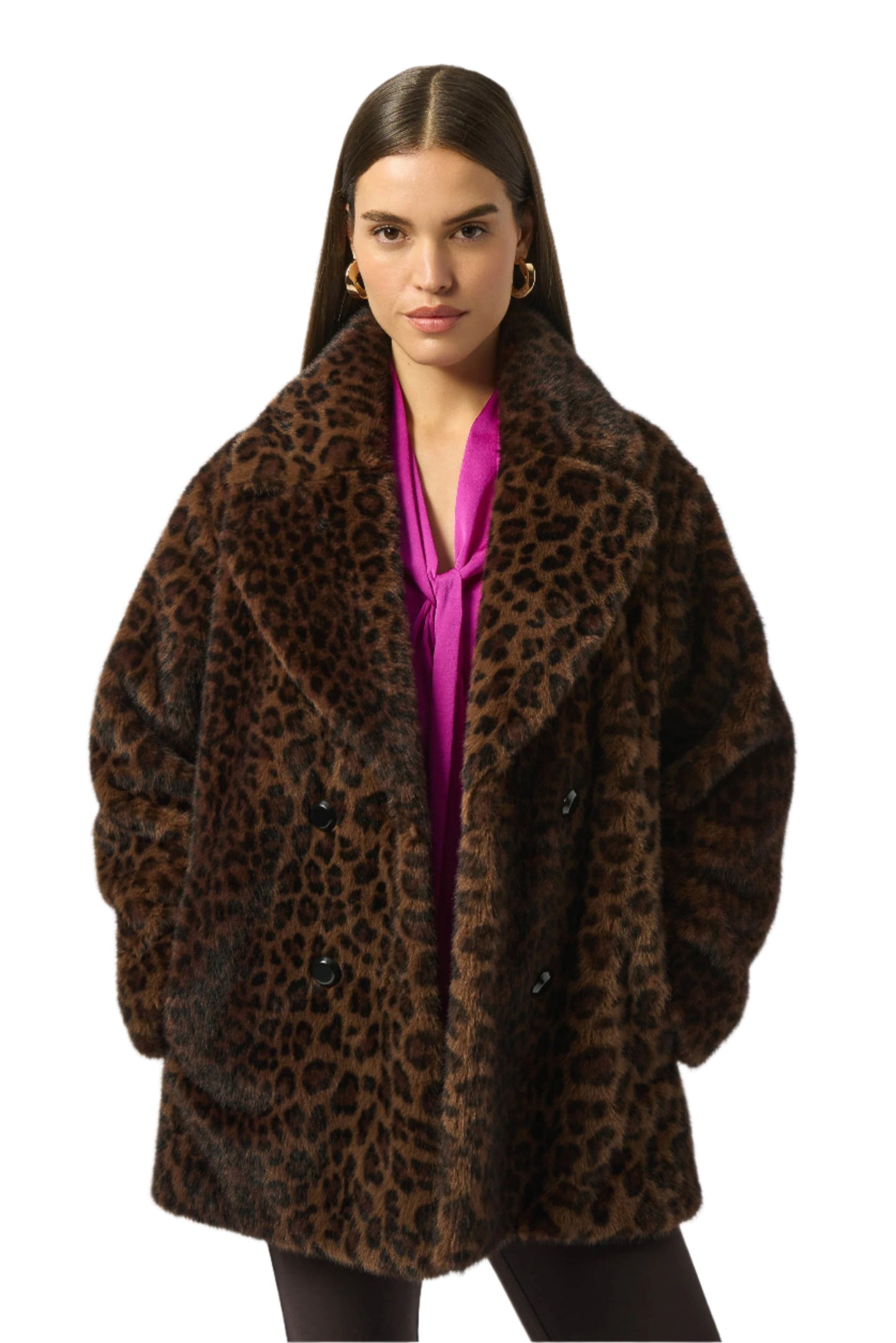 Faux Fur Leopard Print Double-Breasted Coat