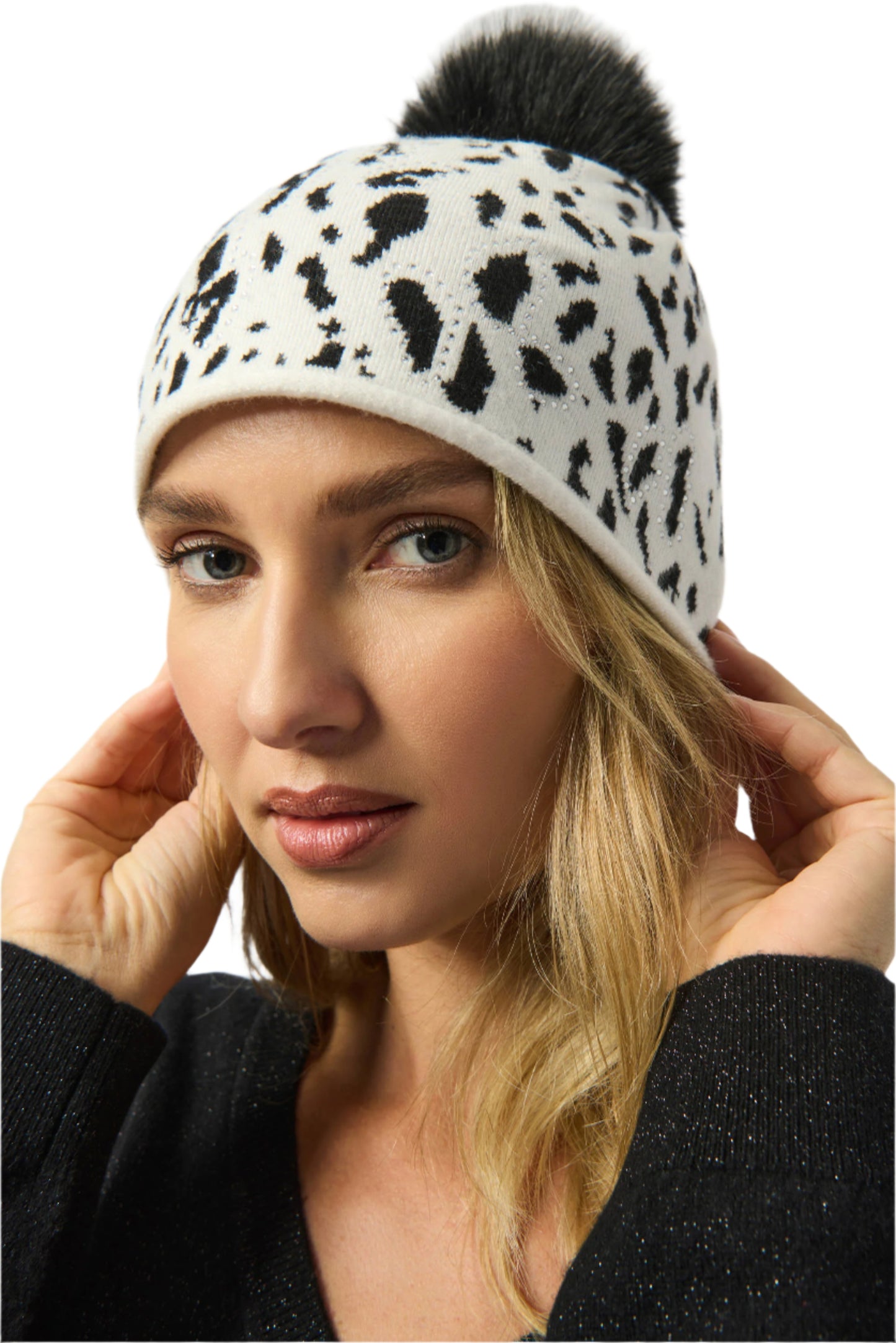 Knitted Animal Print Pompom Hat