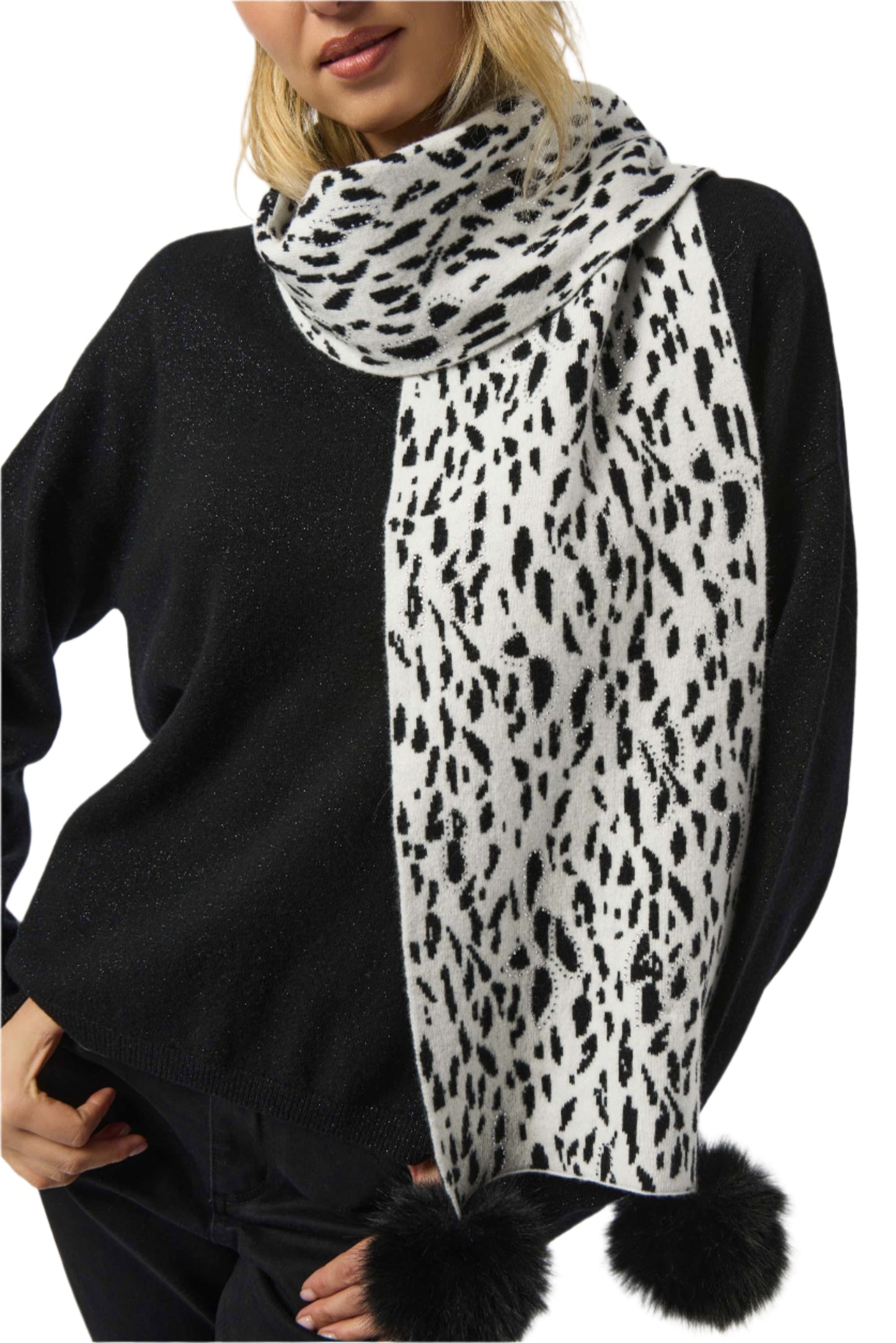 Knitted Animal Print Pompom Scarf