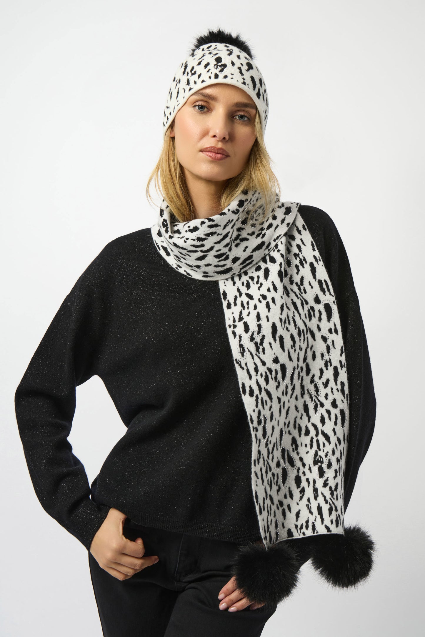 Knitted Animal Print Pompom Scarf