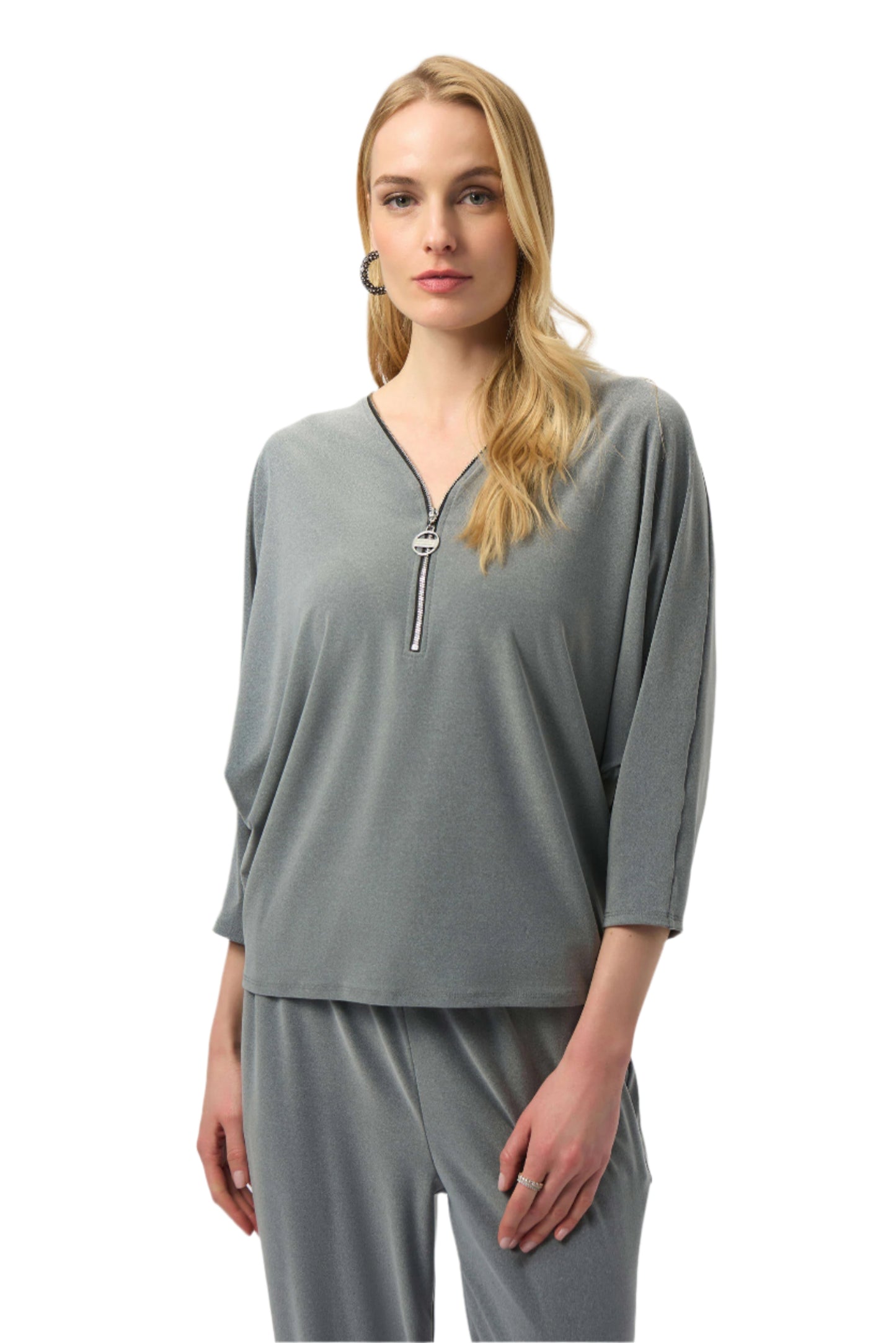 Melange Silky Knit Boxy Top with Zipper Detail