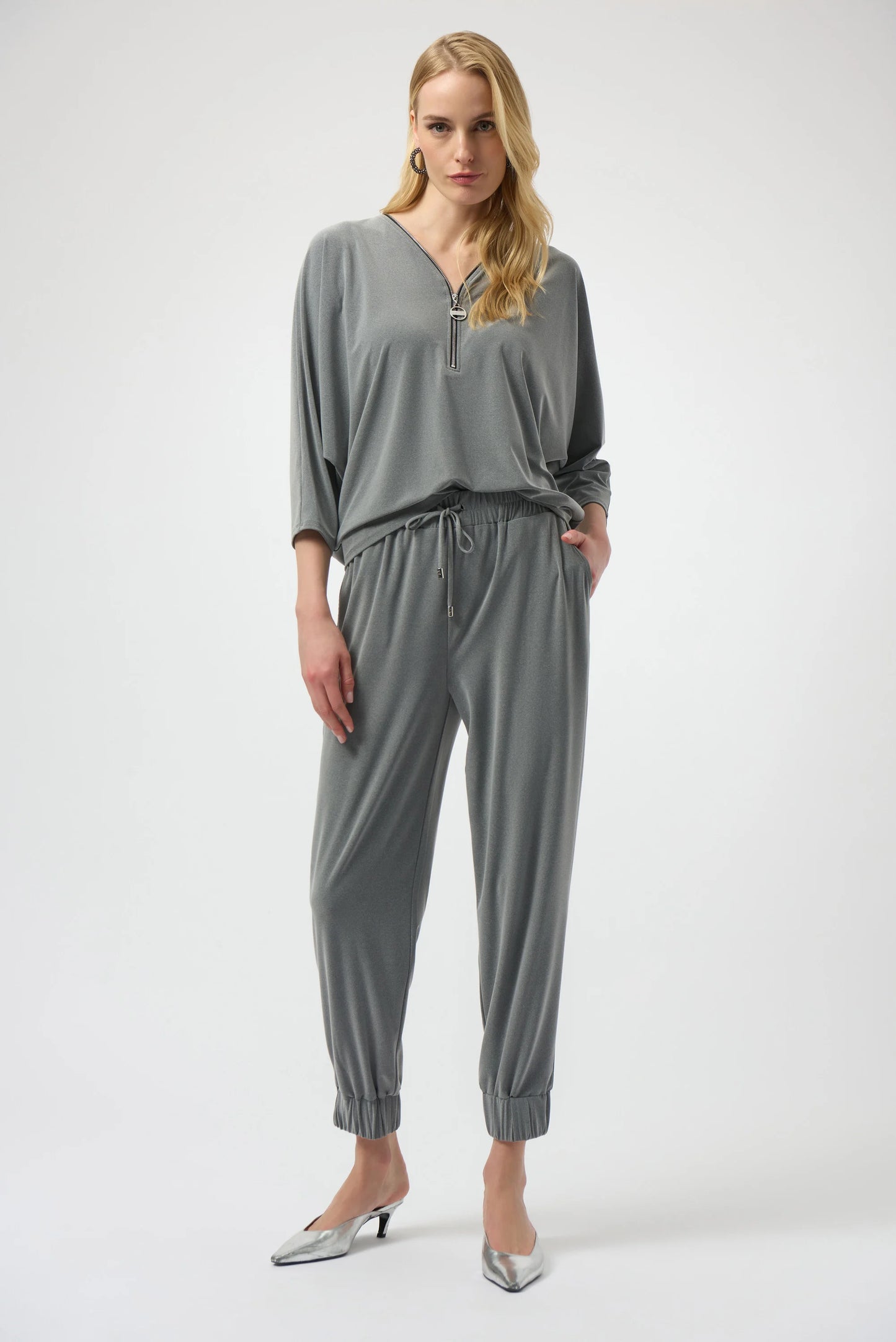 Melange Silky Knit Boxy Top with Zipper Detail