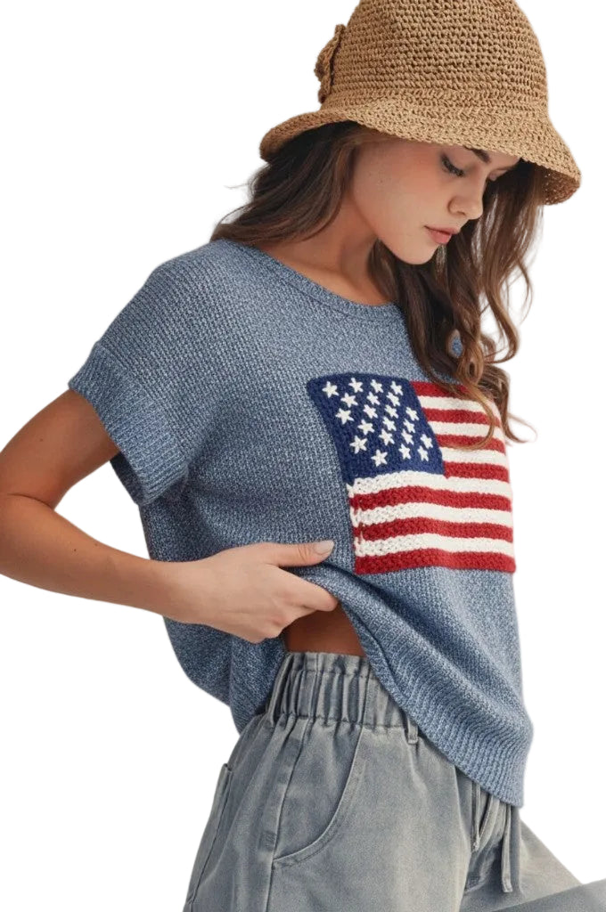 4th Of July American Flag V Neck Easy Knit Top