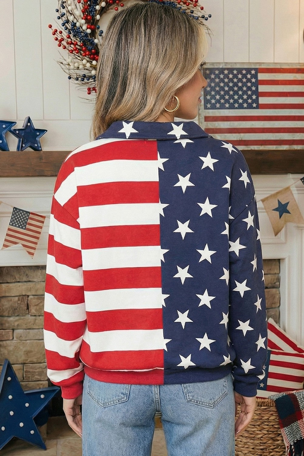Flag Stripes American Zipped Collar Oversized Sweatshirt